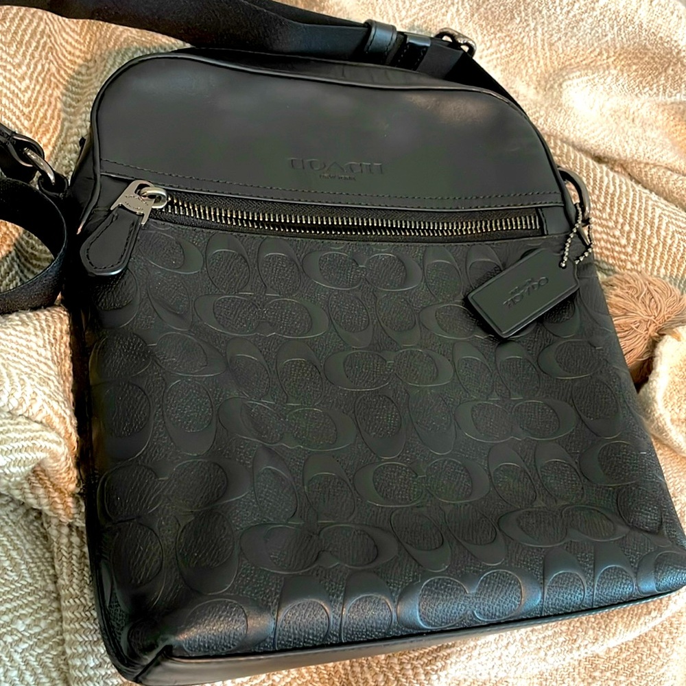 MENS COACH HOUSTON FLIGHT BAG  BLACK SIGNATURE LEATHER CROSSBODY C4009